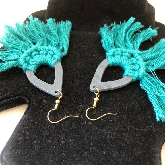 Green Macrame Fan Fringe Cutout Colored Wood Teardrop Bohemian Dangle Earrings - Picture 12 of 12